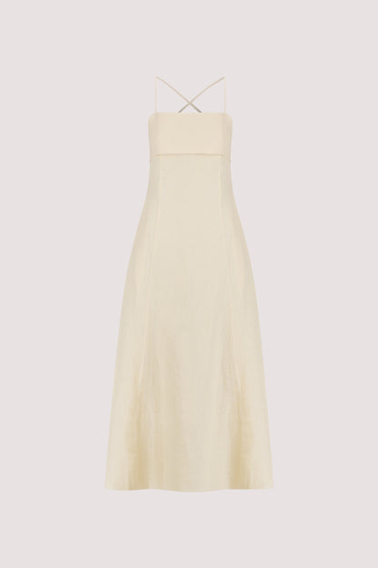 DANIELLA STRAW LINEN TIE BACK MIDI DRESS