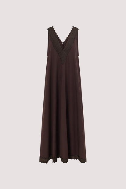 ANNABEL BURNT CHOC SLEEVELESS V NECK MIDI DRESS