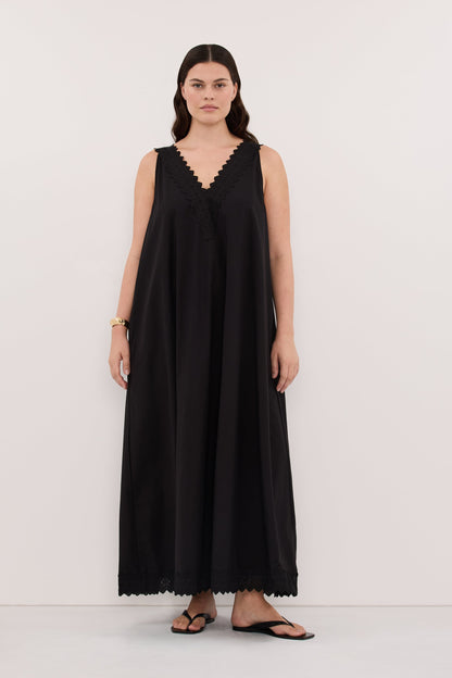 ANNABEL BLACK SLEEVELESS V NECK MIDI DRESS