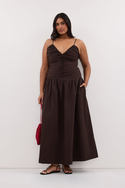 ALEXIA BURNT CHOC COTTON MIDI DRESS