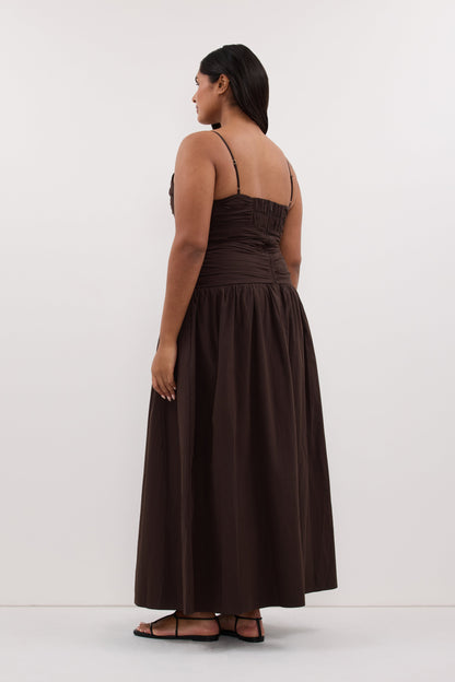 ALEXIA BURNT CHOC COTTON MIDI DRESS