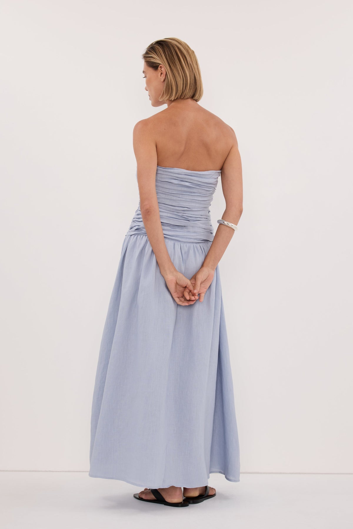 AUBRIELLA DUSTY BLUE LINEN MIDI DRESS