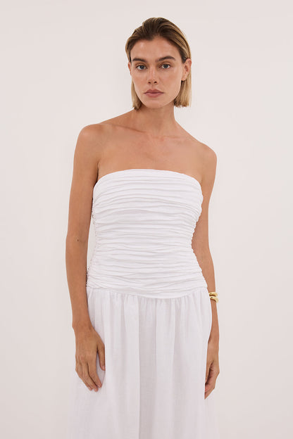 AUBRIELLA WHITE LINEN MIDI DRESS