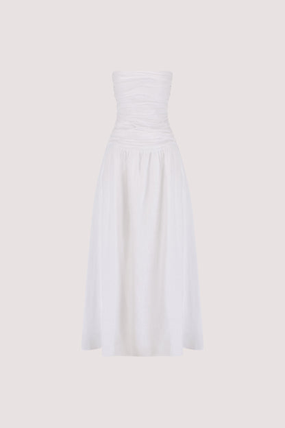 AUBRIELLA WHITE LINEN MIDI DRESS