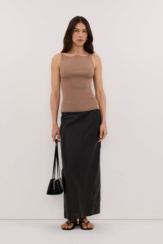 VIREYA CAMEL BOAT NECK KNIT TOP